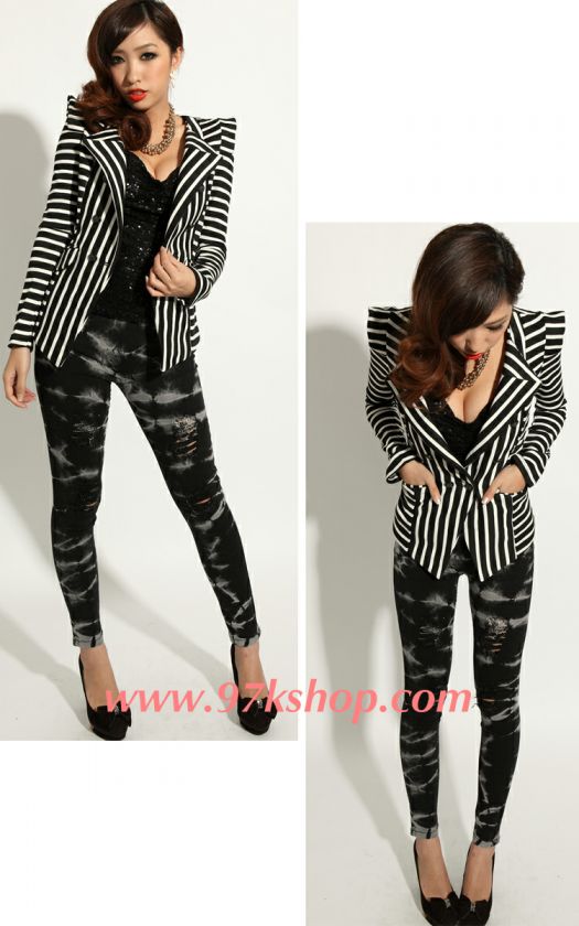 SLIM POWER SHOULDER STRIPED BLAZER BLACK SIZE M 1124  