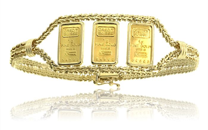 14K YG BOLLA BRACELET w/ ONE GRAM SWISS CREDIT COINS  