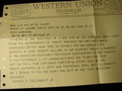 TWA 1960s Western Union Telegram Aviation History Telegram Charity 