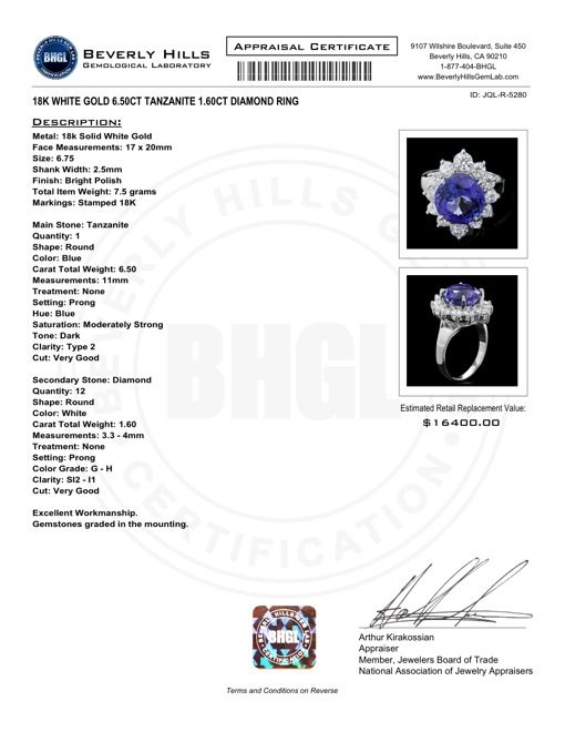 16400 CERTIFIED 18K WHITE GOLD 6.50CT TANZANITE 1.60CT DIAMOND RING 