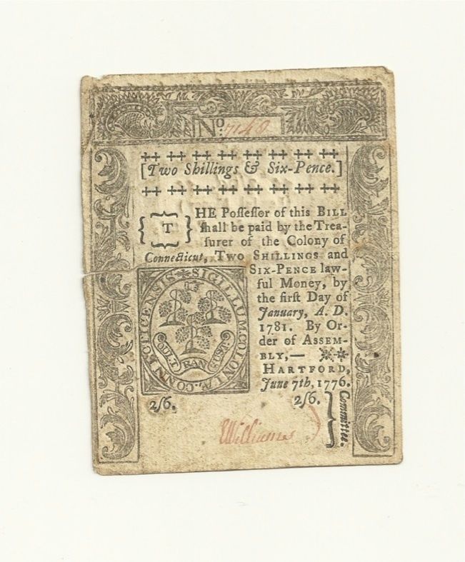 Colonial Currency, 1776 State of Connecticut Two Shillings + Six Pence 