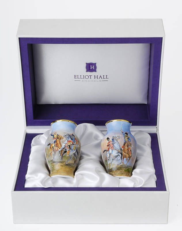 ELLIOT HALL ENAMELS  WATERLOO 1815   PAIR OF VASES LE  