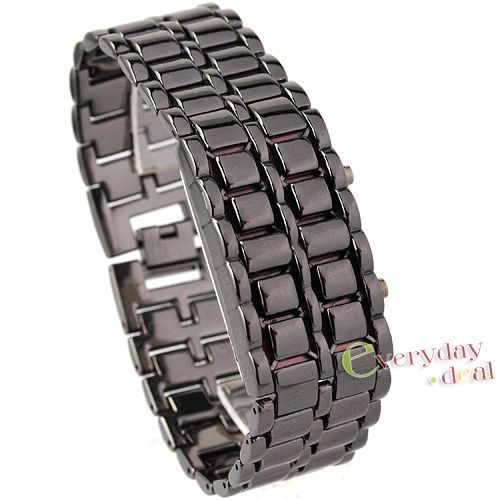 Mens Special Unique Black Lava Stainless Steel Bangle Quartz LED 