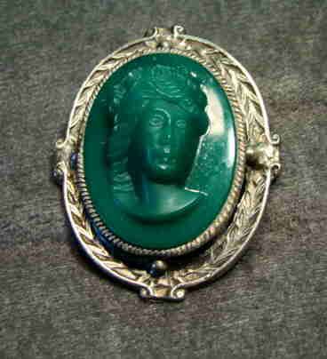 1940s Green Glass Cameo Pin  