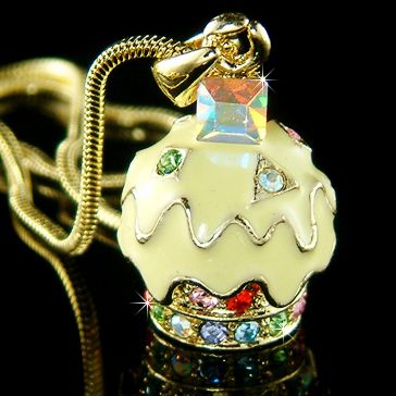 Yellow Gold plated Lemon CUPCAKE w Swarovski Crystal Charm Pendant 