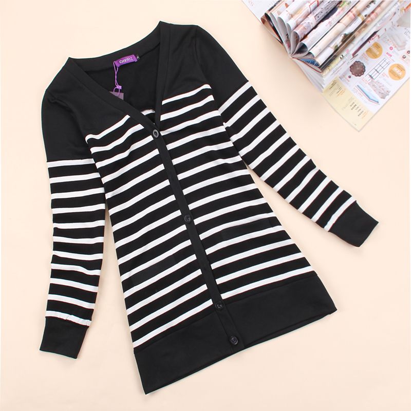 Casual Stylish Black White Stripes Long Sleeve Plus Size Women 