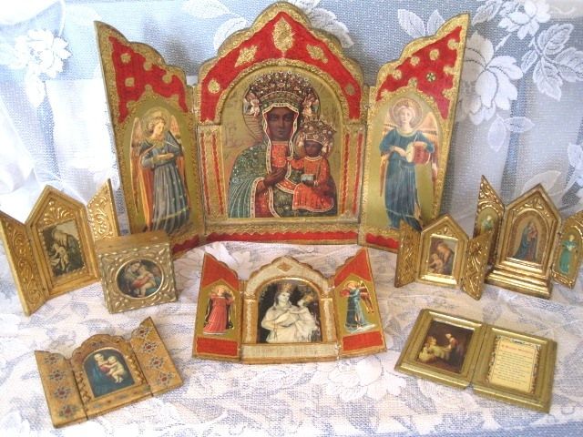 Beautiful Tole Wood Florentine Italian Triptych Icon   Madonna, Jesus 