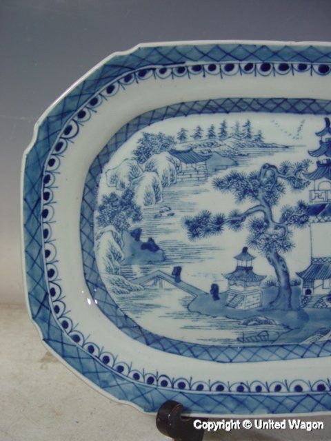 STUNNING EXPORT CANTON BLUE WHITE PORCELAIN PLATE PLATTER 13 W  