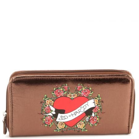 Ed Hardy Floral Laurel Zip Around Wallet   Bronze  