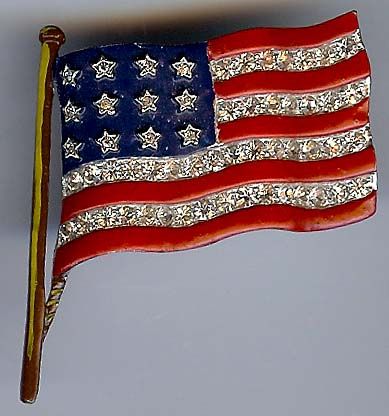 TRIFARI RARE VINTAGE RHINESTONE ENAMEL WAVING FLAG PIN  