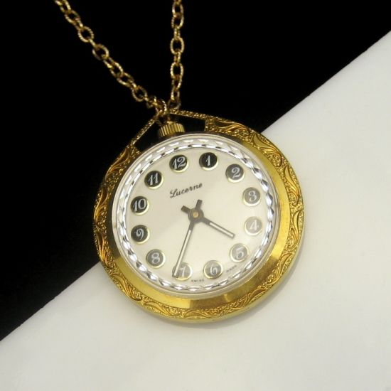 LUCERNE Vintage Watch Pendant Necklace Large Reversible Working  