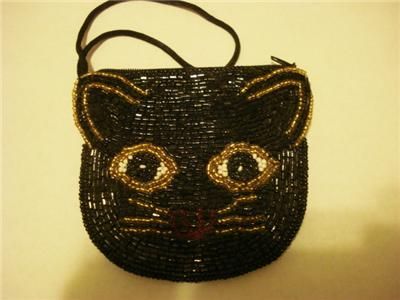 Beaded Cat Coin Purse Black Cat Handle Zippered Cute  