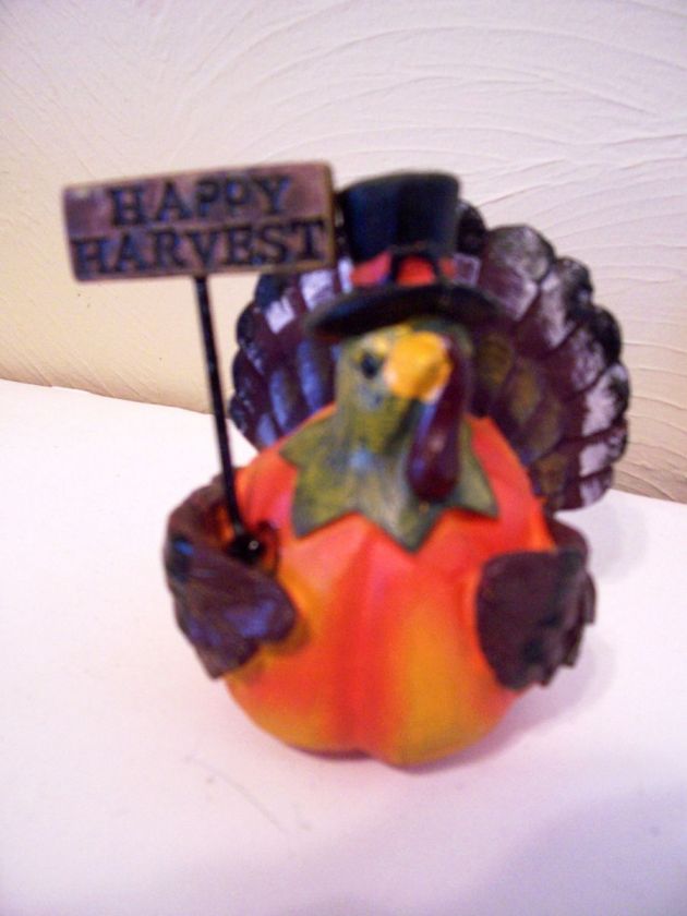 RESIN HAPPY HARVEST TURKEY PUMPKIN FIGURINE AUTUMN THANKSGIVING 