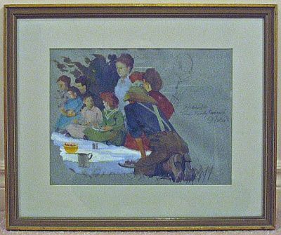   original watercolor (Boy Kneeling, Two Girls) Texas Family Reunion