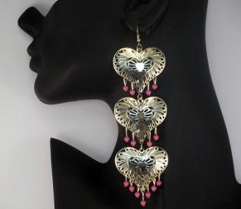 Pretty gold tone long filigree triple heart drop earrings 12cm  