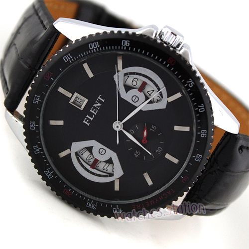 Mens Black Lather Date 2 Dial Automatic Wrist Watch NEW  