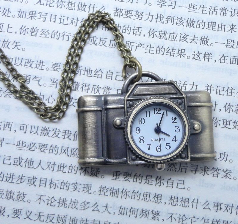 NEW Antique Bronze Digital Camera Pocket Quartz Watch Pendant Necklace 