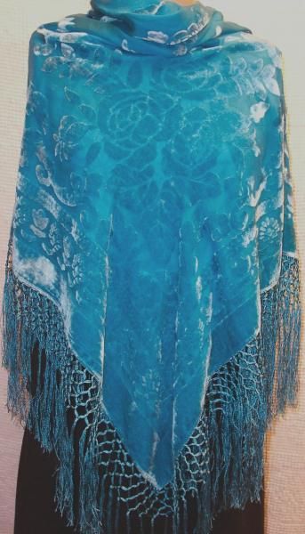 Silk Burnout Velvet Poncho Top Piano Shawl Lt Turquoise  