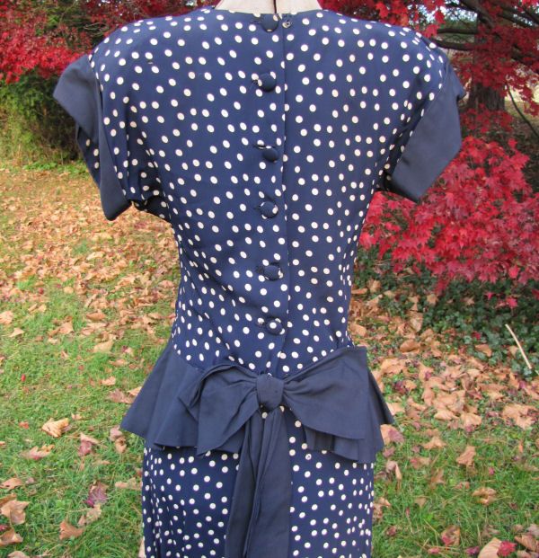 Vintage 40s Blue White Peplum Polka Dot 2 Pc Rayon Dress Patti Ellen 