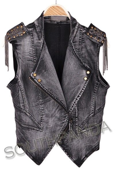 SC209 Grey Punk Rock Gothic Denim Stud Vest Jean Jacket  