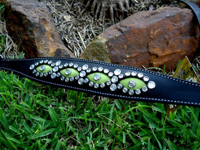 LEATHER Breast collar CRYSTALS BLING LIME GREEN BLACK  