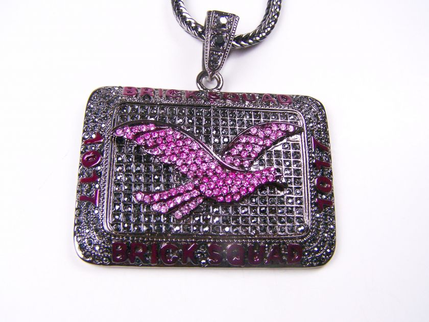 Black Gold Brick Squad Bird Rhinestones Necklace Chain  