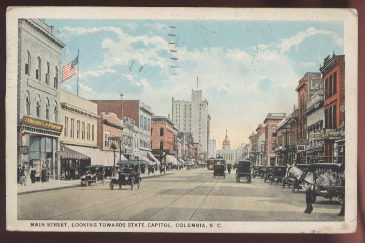 POSTCARD Columbia, SC Main Street Storefronts 1920s  