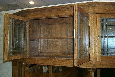 Spectacular Early 1900s Gothic   Mission Oak Leaded Glass Buffet 