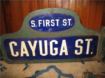   HUMPBACK PORCELAIN STREET SIGN W/ DECORATIVE BRACKET, CAYUGA, NY