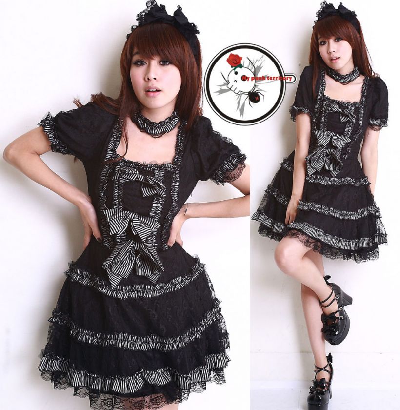 Gothic Lolita Zebra Ruffled Retro Choker Princess Dress  