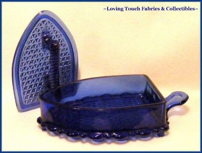 Imperial Blue Glass Iron Shaped Dish Sewing Collectible  