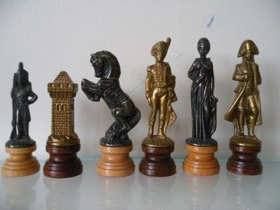 LARGE ITALIAN CAST METALNAPOLEON CHESSMEN SET +MARQUETRY MOP INLAY 