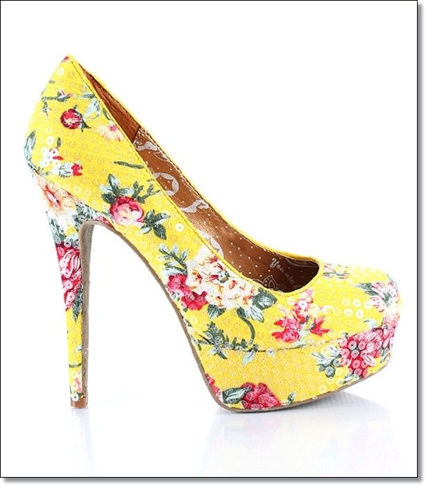 Womens Shoes DOLLHOUSE Floral Sequin Round Toe Yellow  