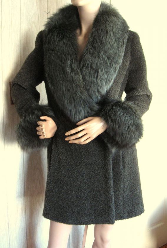 Searle Dark Olive Green Nubby Wool Coat Dyed Green Fox Fur Collar 