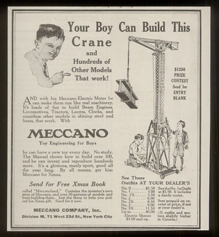 1920 Meccano toys electric motor erector set print ad  