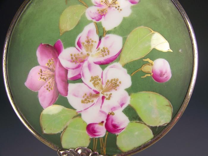 BAVARIA H PAINTED ROSES GOLD GERMAN SILVER HAND MIRROR  