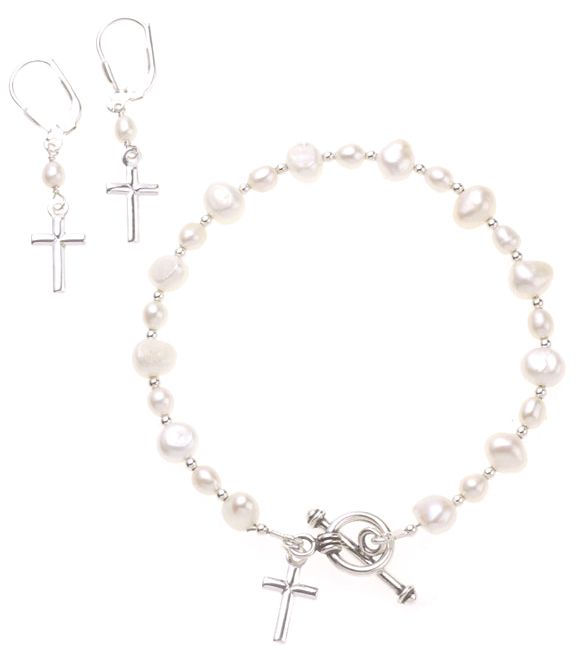 Sterling Silver Pearl Toggle Bracelet with Cross Charm  