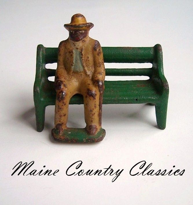 Antique Cast Iron Toy GREY IRON OLD COLORED MAN & BENCH  