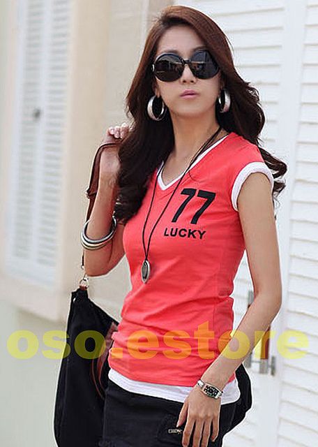 Colors  V neck Close Fitting Short Sleeve Number Prints T Shirt Tops 