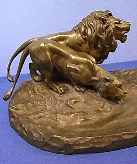 FANTASTIC LION BRONZE STATUE INKWELL ANTIQUE GERMAN  