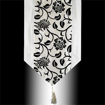 BLACK FLOCK WHITE TAFFETA DECORATIVE TABLE RUNNER CLOTH  