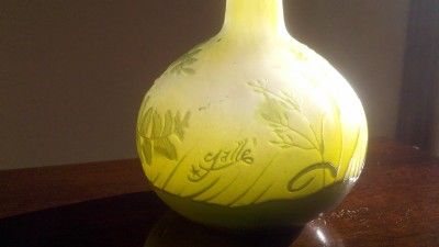 antique ART GLASS signed cameo GALLE VASE narrow neck STAR SIGNATURE 