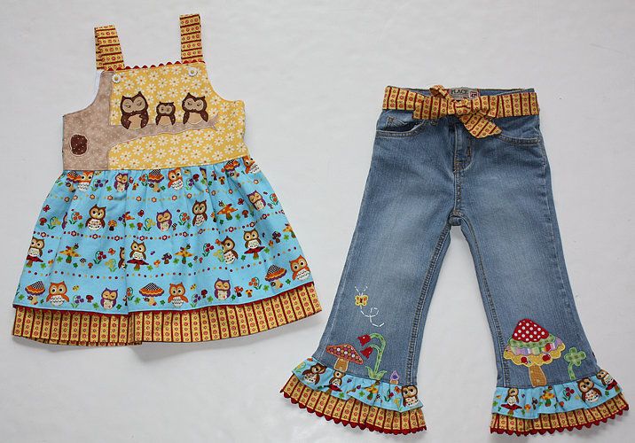   Custom Resell StudioE Owls Twirl Tank Dress Jeans 3pc 4 5 EUC  