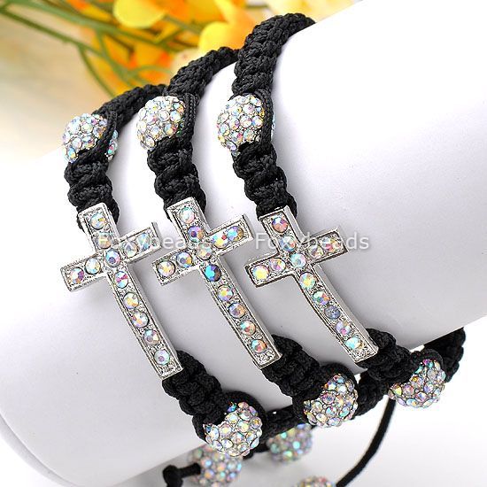 Color* Crystal Disco Christian Cross Pave Woven Macrame Bracelet 