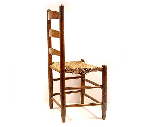 Antique Country Style Ladder Back Side Chair With Rush Seat  