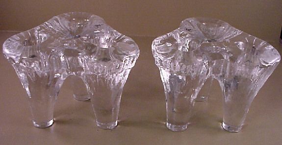 Magnor Art Glass Norway Tripod Candlesticks Sticker EUC  