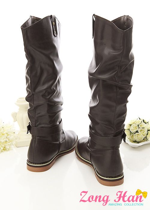 Womens Knee High Buckle Flat Boots in Brown, Black  