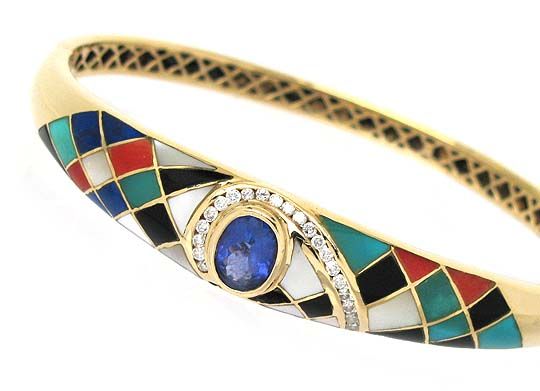 STUNNING 14K YELLOW GOLD, TANZANITE, DIAMONDS & MOSAIC GEMS BANGLE 