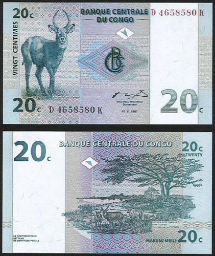 Congo P 83 20 Centimes Year 1997 Unc. Banknotes Africa  