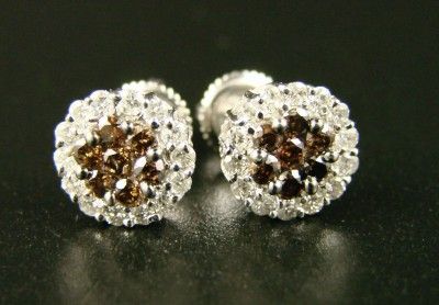 14K CHOCOLATE/WHITE FLOWER DIAMOND STUD EARRINGS 1.25 C  